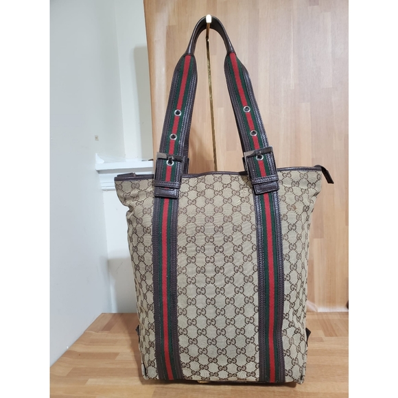 GUCCI GG Monogram Medium Web Handle Vertical Tote Bag Dark Brown - Picture 3 of 11